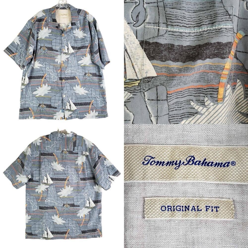 Tommy Bahama Shirt Mens Size Large L Silk Short Sleeve Button Up Sailboats